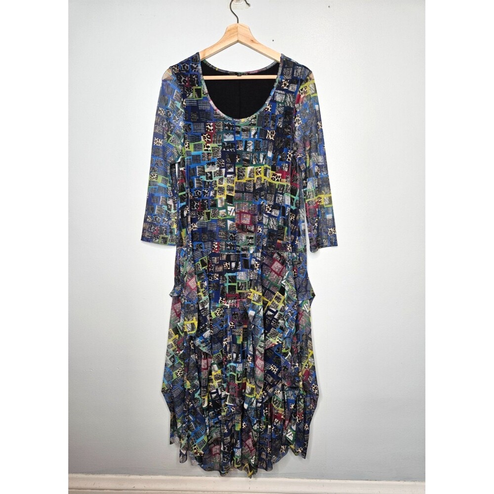 KOZAN Mesh Midi Dress XS Lined Layered Sheer 3/4 Sleeve Asymmetric Lagenlook Art